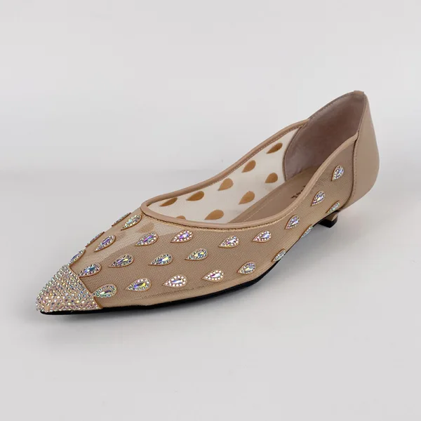 Charming Beige Street Wear Leather Pumps 2020 Pierced Rhinestone 3 cm Stiletto Heels Pointed Toe Low Heel Pumps