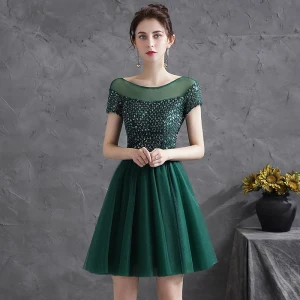 Chic Belle Vert Foncé Robe De Fete Robe De Cocktail 2021 Princesse Encolure Dégagée Paillettes Ceinture Manches Courtes Dos Nu Courte Cocktail Robe De Ceremonie
