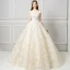 Elegant Champagne Wedding Dresses 2018 Ball Gown Lace Flower Pearl V-Neck Backless Cap Sleeves Chapel Train Wedding