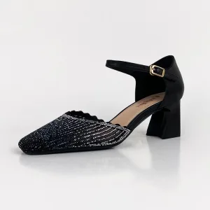 Chic Belle Noire Vêtement De Rue Sandales Femme 2020 Cuir Faux Diamant Bride Cheville 8 Cm Talons Épais Pied Carré Sandales