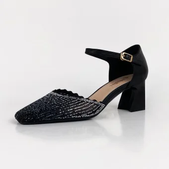 Fine Svart Gateklær Sandaler Dame 2020 Lær Rhinestone Ankelstropp 8 Cm Tykk Hæler Firkantetå Sandaler