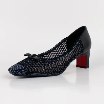 Fashion Black Casual Leather Pumps 2020 Rhinestone Bow 7 Cm Thick Heels Square Toe Pumps