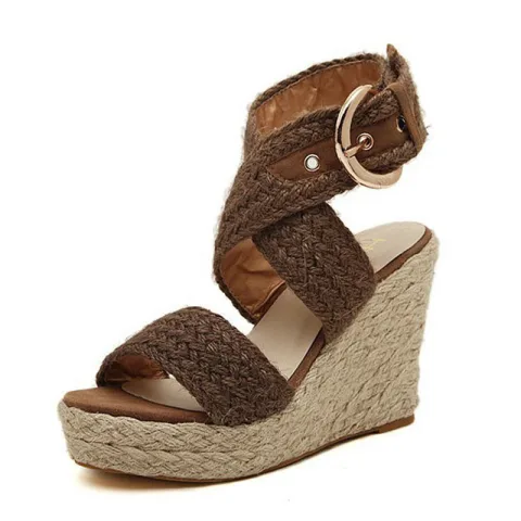 Roman Brun Gateklær Flette Sandaler Dame 2020 Ankelstropp 10 cm Kilehæl Peep Toe Sandaler