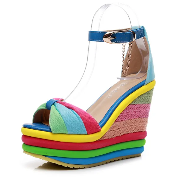 Mode Freizeit Flechten Regenbogen Sandalen Damen 2020 Knöchelriemen 13 cm Keilabsatz Peeptoes Sandaletten
