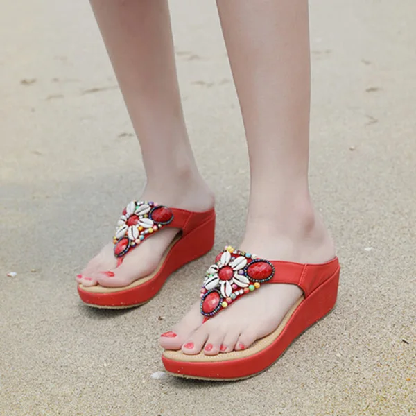 Bohême Rouge Plage Pantoufle & Tongs 2020 Cristal Faux Diamant Plateforme Peep Toes / Bout Ouvert Plat Chaussures Femmes