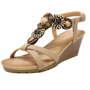 Beige Beach Pu Fall Spring Summer Beading Wedges 6 Cm Sandals 6 Cm Open Peep Toe Bohemia 2020 Womens Sandals