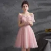 Chic / Beautiful Blushing Pink Homecoming Cocktail Dresses Graduation Dresses 2021 A-Line / Princess Off-The-Shoulder Beading Sequins Sash Short Sleeve Backless Knee-Length Cocktail Party Formal Dresses