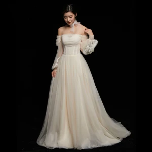 Simple Champagne Robe De Mariée 2018 Princesse En Dentelle De L Épaule Dos Nu 3 4 Manches Tribunal Train Mariage
