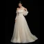 Modest / Simple Champagne Wedding Dresses 2018 A-Line / Princess Lace Off-The-Shoulder Backless 3/4 Sleeve Court Train Wedding