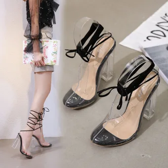 Sexy Transparent Black Rave Club Womens Sandals 2020 Ankle Strap 12 Cm Thick Heels Pointed Toe Sandals