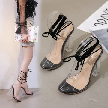 Sexy Doorzichtig Zwarte Rave Club Sandalen Dames 2020 Enkelband 12 Cm Dikke Hak Spitse Neus Sandalen
