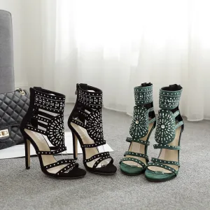 Römisch Schwarz Strassenmode Wildleder Durchbohrt Sandalen Damen 2020 Strass 11 Cm Stilettos Peeptoes Sandaletten