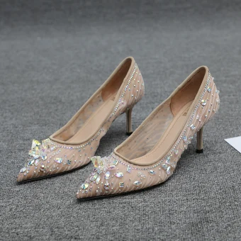 Charmant Beige Soirée En Dentelle Escarpins 2020 Faux Diamant 7 Cm Talons Aiguilles À Bout Pointu Escarpins