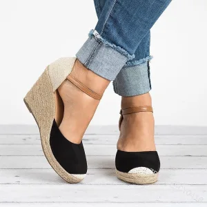 Modest Simple Black Casual Braid Womens Sandals 2020 Ankle Strap 8 Cm Wedges Round Toe Sandals