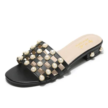 Mooie Prachtige Zwarte Toevallig Platte Pantoffel Slippers 2020 Parel Peep Toe Damesschoenen