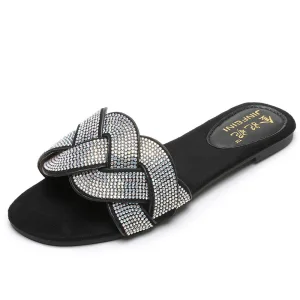Bohemliv Svarta Casual Rhinestone Platt Toffel Flip Flops 2020 Peep Toe Damskor