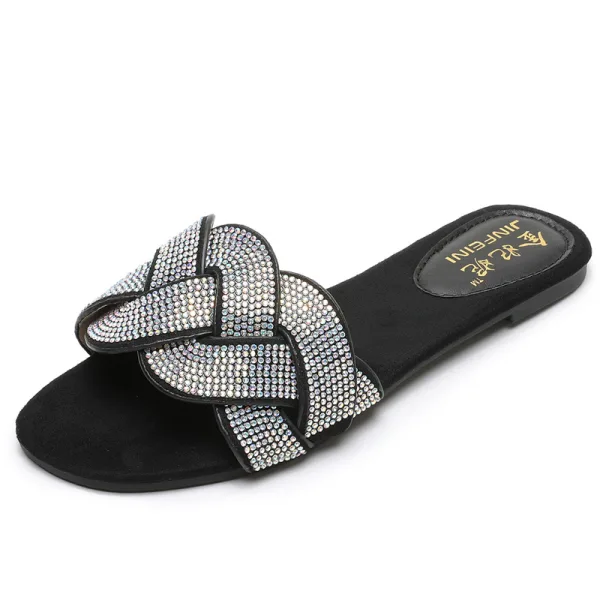 Bohemia Black Casual Rhinestone Flat Slipper & Flip flops 2020 Open / Peep Toe Womens Shoes