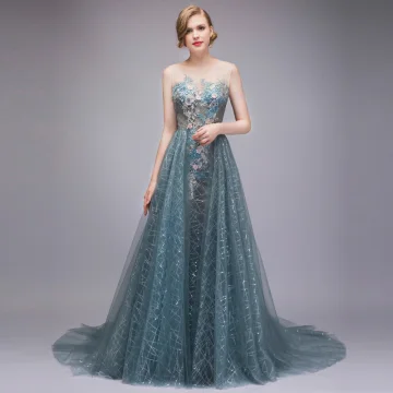Glitter Ink Blauw Avondjurken 2018 A Lijn Doorzichtige Kralen Pailletten Parel Kant Appliques Ronde Hals Mouwloos Ruglooze Rechter Trein Gelegenheid Jurken