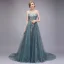 Scintillantes Bleu D'encre Robe De Soirée 2018 Princesse Transparentes Perlage Paillettes Perle En Dentelle Appliques Encolure Dégagée Sans Manches Dos Nu Tribunal Train Robe De Ceremonie