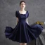 Simple Bleu Marine Satin de retour Robe De Graduation 2021 Princesse Encolure Carrée Noeud Manches Courtes Mi-Longues Robe De Ceremonie