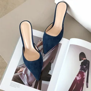 Eenvoudige Donkerblauwe Straatkleding Suede Sandalen Dames 2020 8 Cm Naaldhakken Stiletto Spitse Neus Sandalen