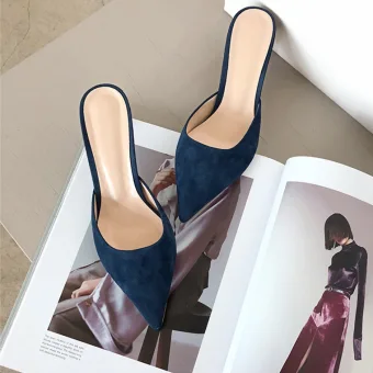 Simple Bleu Marine Vêtement De Rue Daim Sandales Femme 2020 8 Cm Talons Aiguilles À Bout Pointu Sandales