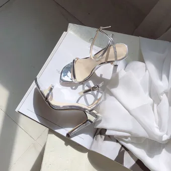 Simple Argenté Désinvolte Sandales Femme 2020 Bride Cheville 10 Cm Talons Aiguilles Peep Toes Bout Ouvert Sandales