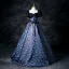 Vintage / Retro Navy Blue Printing Prom Dresses 2025 Ball Gown Square Neckline Puffy Short Sleeve Bow Sash Backless Floor-Length / Long Prom Formal Dresses