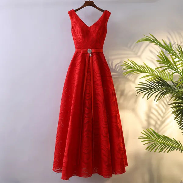 Chic / Beautiful Red Formal Dresses Evening Dresses  2017 Lace Bow Ankle Length V-Neck Empire Sleeveless