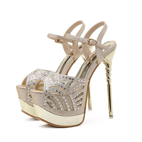 Sexy Champagne Rave Club Sequins Womens Sandals 2021 17 cm Stiletto Heels Open / Peep Toe Sandals High Heels