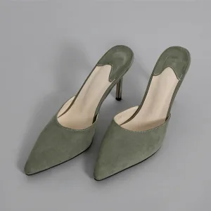 Eenvoudige Groen Straatkleding Suede Sandalen Dames 2020 8 Cm Naaldhakken Stiletto Spitse Neus Sandalen