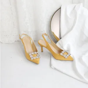 Chic Beautiful Yellow Bridesmaid Slingbacks Womens Sandals 2020 Suede Rhinestone 10 Cm Stiletto Heels Pointed Toe Sandals