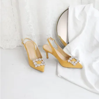 Chic Beautiful Yellow Bridesmaid Slingbacks Womens Sandals 2020 Suede Rhinestone 10 Cm Stiletto Heels Pointed Toe Sandals