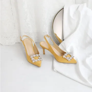 Piękne Żółta Na Wesele Slingback Sandały Damskie 2020 Zamszowe Rhinestone 10 Cm Szpilki Szpiczaste Sandały