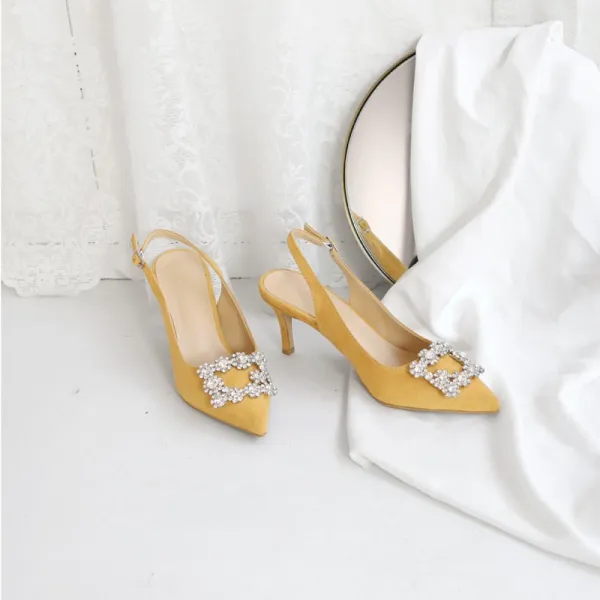 Chic / Beautiful Yellow Bridesmaid Slingbacks Womens Sandals 2020 Suede Rhinestone 10 cm Stiletto Heels Pointed Toe Sandals