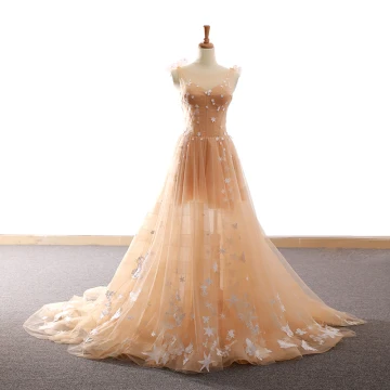 Chic Belle Champagne Robe De Soirée 2018 Princesse Étoile Papillon Encolure Dégagée Dos Nu Sans Manches Tribunal Train Robe De Ceremonie