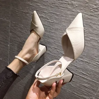 Chic Beautiful Beige Casual Summer Womens Sandals 2020 Ankle Strap 6 Cm Thick Heels Pointed Toe Sandals