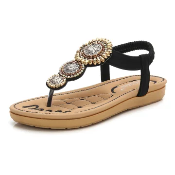 Cyganeria Czarne Lato Plaża Pantofle Klapki 2020 Rhinestone Peep Toe Płaskie Buty Damskie