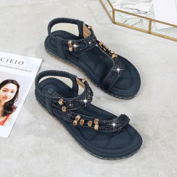 Bohemliv Mörk Marinblå Stranden Toffel Flip Flops 2020 Rhinestone Ankelband Peep Toe Platt Damskor