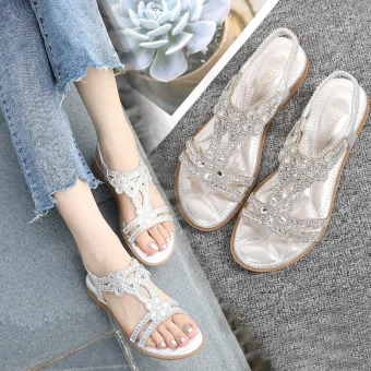 Bohemia Silver Summer Street Wear Rhinestone Slipper Flip Flops 2020 Open Peep Toe Flat Womens Shoes