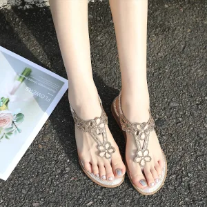 Bohemliv Sommar Guld Stranden Rhinestone Toffel Flip Flops 2020 Peep Toe Platt Damskor