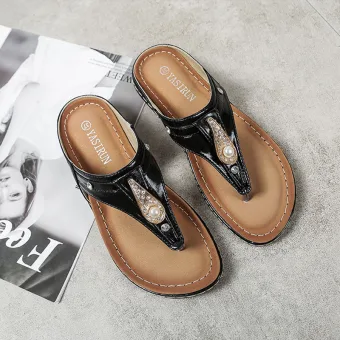 Fashion Summer Black Street Wear Slipper Flip Flops 2020 Pearl Rhinestone Flat Open Peep Toe Womens Shoes