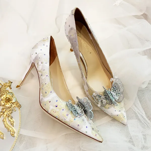 Charming Ivory Butterfly Wedding Shoes 2020 Leather Rhinestone 8 cm ...