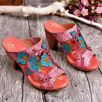 Schöne Pink Garten Im Freien Leder Blumen Sandalen Damen 2020 8 Cm Thick Heels Peeptoes Sandaletten