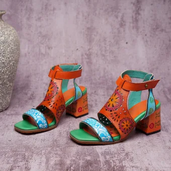 Traditional Orange Street Wear Leather Womens Sandals 2020 5 Cm Thick Heels Open Peep Toe Sandals