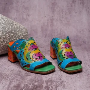 Traditionnel Bleu Vêtement De Rue Sandales Femme 2020 Cuir 5 Cm Talons Aiguilles Peep Toes Bout Ouvert Sandales
