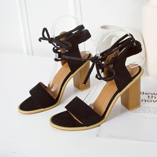 Chic / Beautiful Black Street Wear Suede Womens Sandals 2020 Ankle Strap 9 cm Thick Heels Open / Peep Toe Sandals