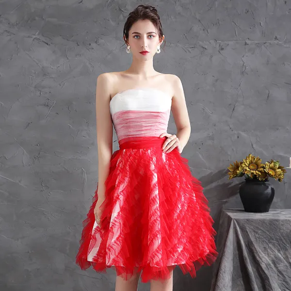 Charming Red Party Dresses Cocktail Dresses 2021 A-Line / Princess Strapless Sleeveless Backless Knee-Length Cocktail Party Formal Dresses