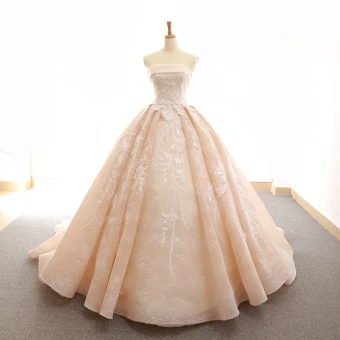 Elegante Champagner Brautkleider 2018 Ballkleid Mit Spitze Applikationen Schultern Rückenfreies Ärmellos Kapelle Schleppe Hochzeit
