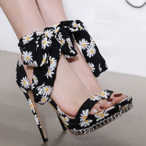 Fashion Black Prom Floral Womens Sandals 2020 Ankle Strap 14 Cm Stiletto Heels Open Peep Toe Sandals
